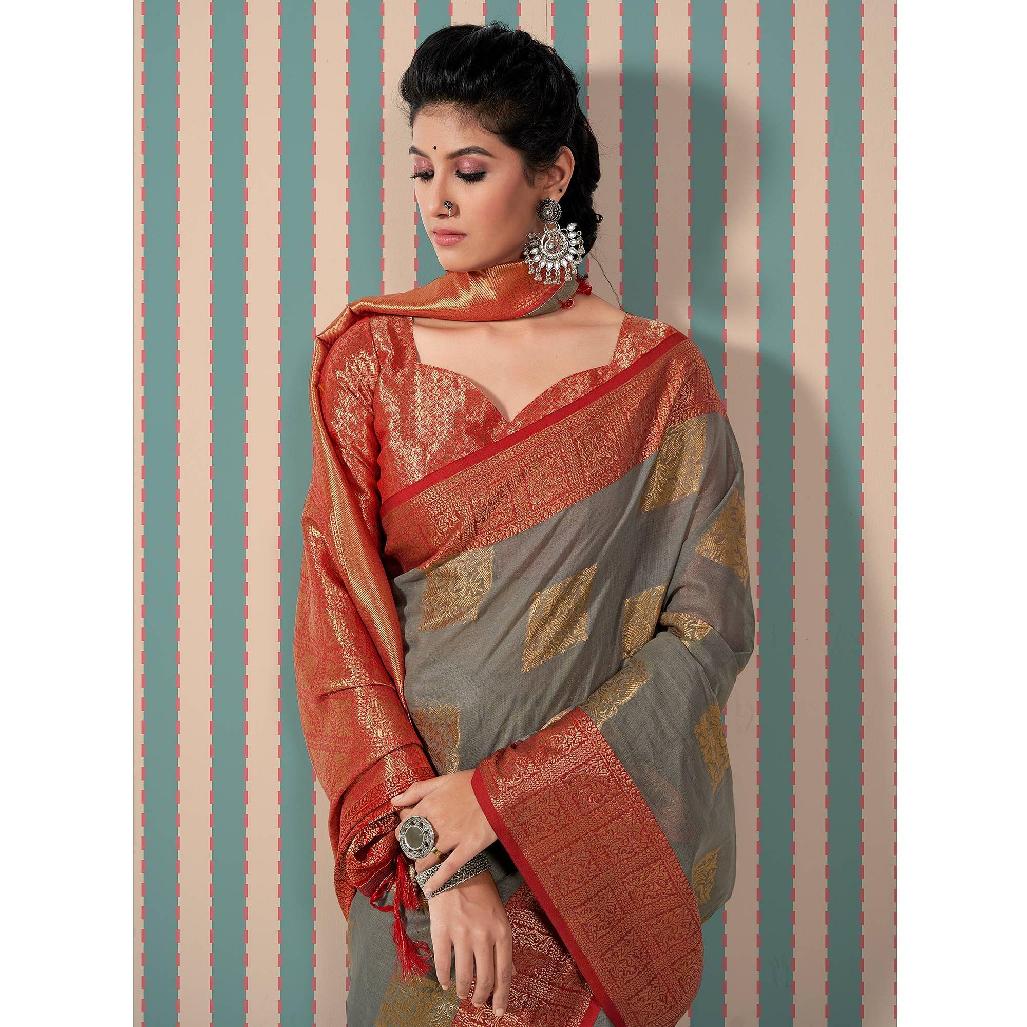 Grey Woven Linen Saree With Tassels - Peachmode