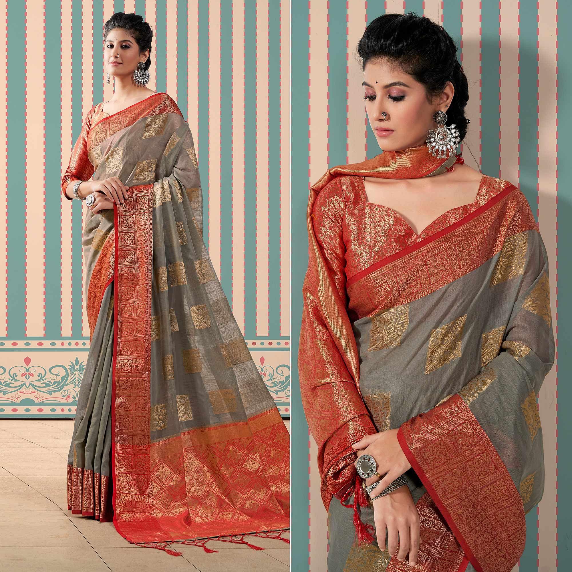 Grey Woven Linen Saree With Tassels - Peachmode