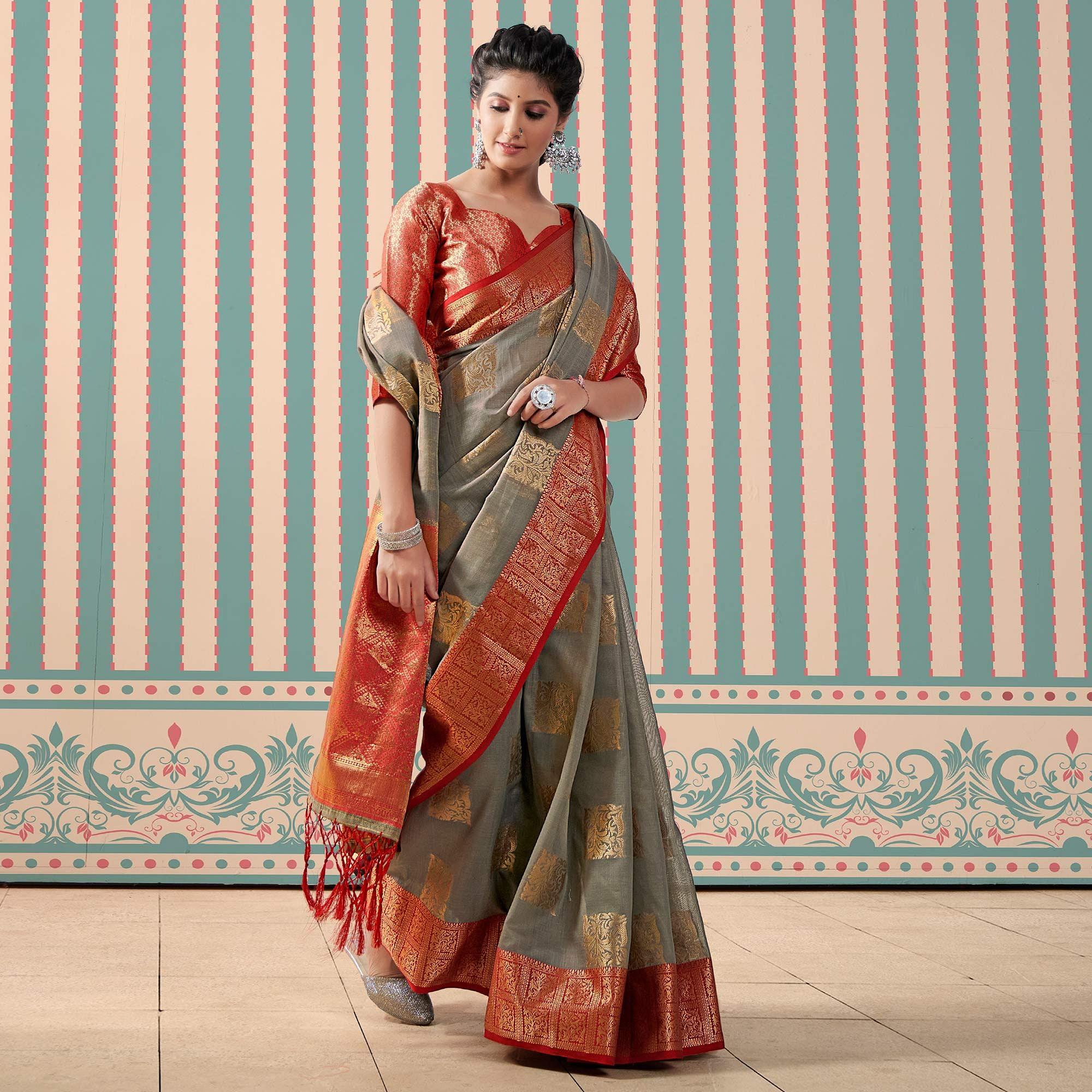 Grey Woven Linen Saree With Tassels - Peachmode