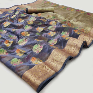 Grey Woven Organza Saree - Peachmode