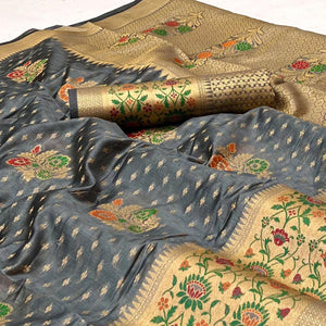 Grey Woven Organza Saree - Peachmode