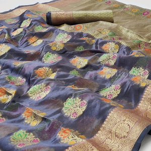 Grey Woven Organza Saree - Peachmode
