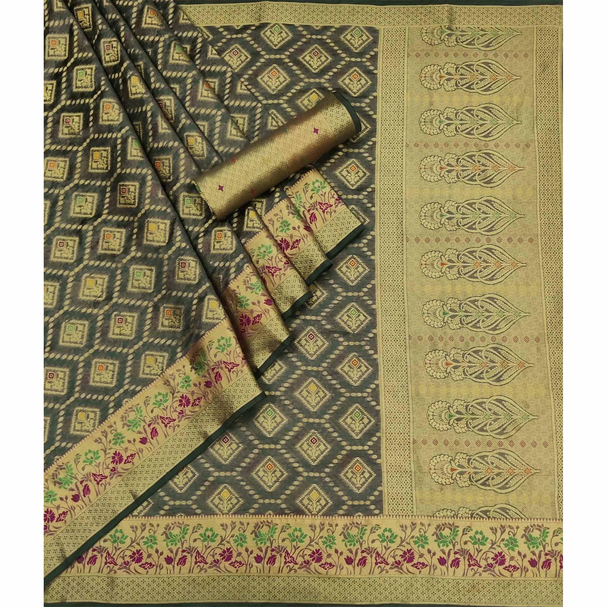 Grey Woven Organza Saree - Peachmode