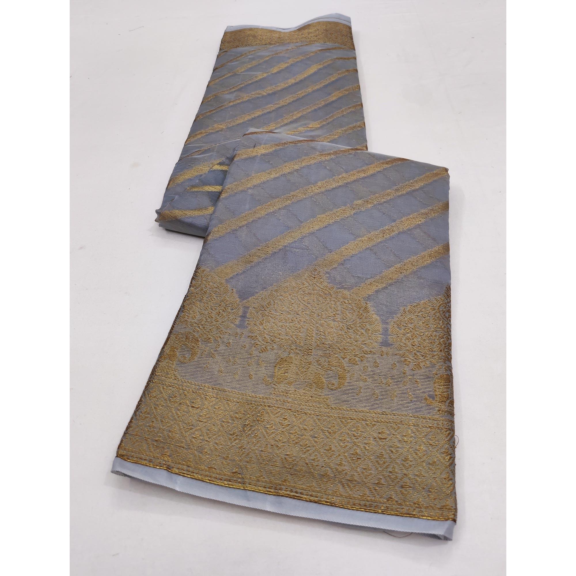 Grey Woven Organza Saree - Peachmode