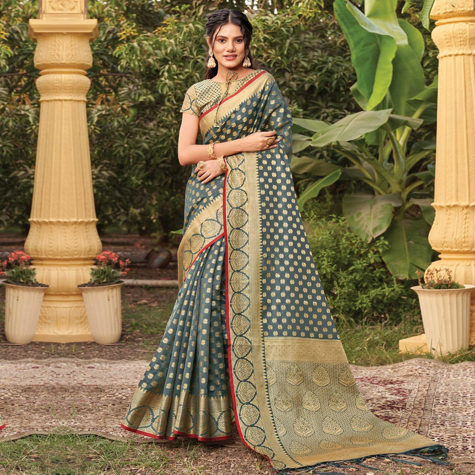 Grey Woven Organza Saree with Tassels - Peachmode