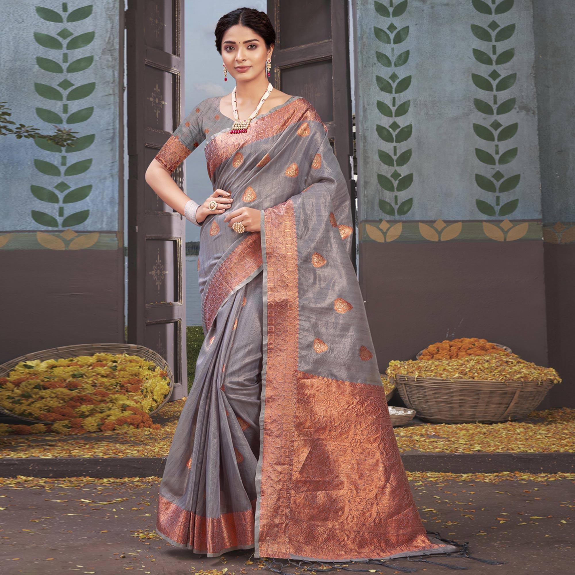 Grey Woven Organza Saree With Tassels - Peachmode