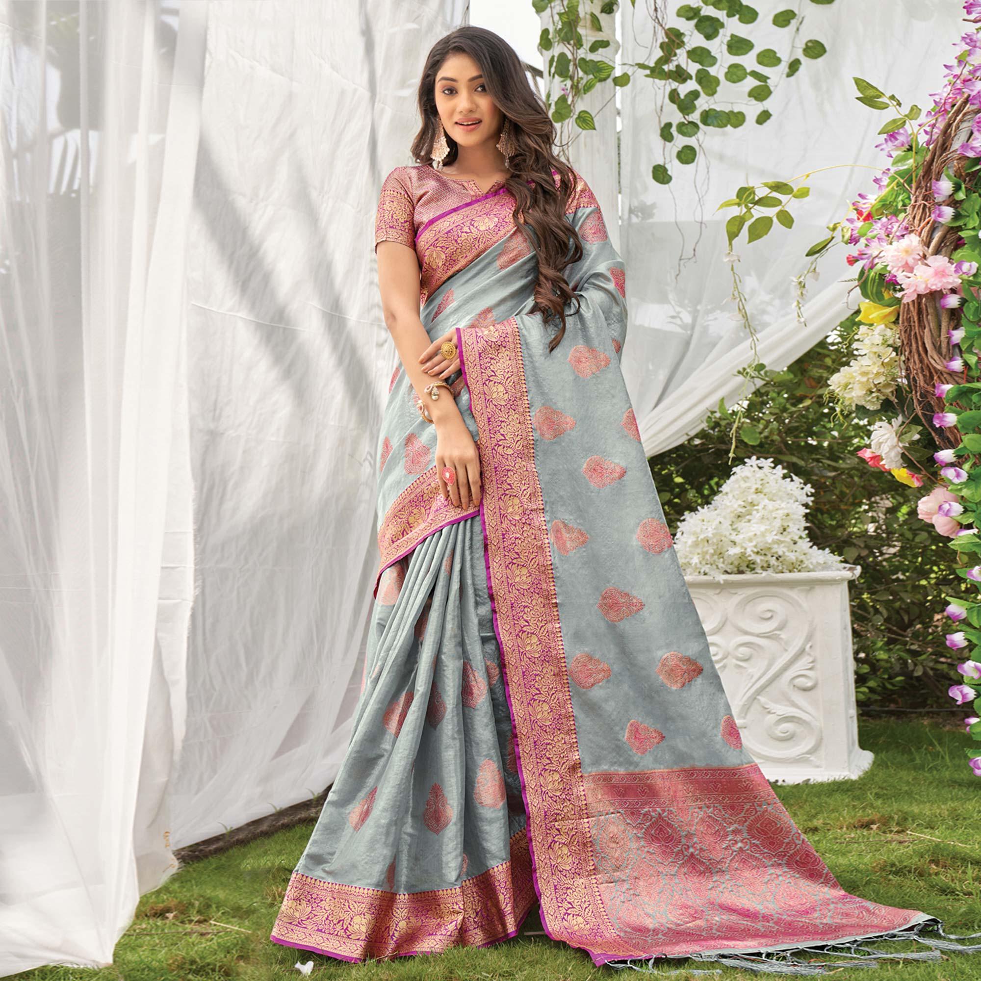 Grey Woven Organza Saree with Tassels - Peachmode