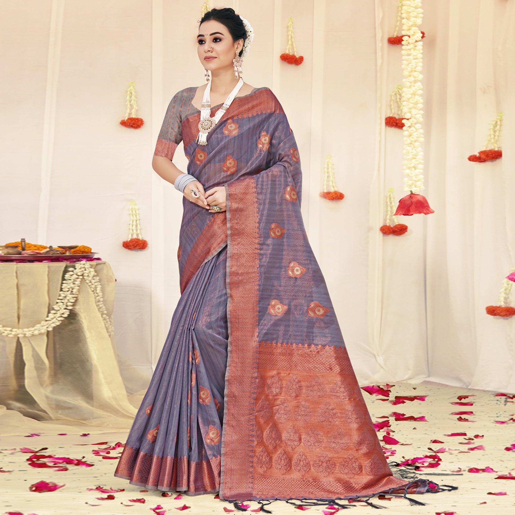 Grey Woven Organza Saree With Tassels - Peachmode