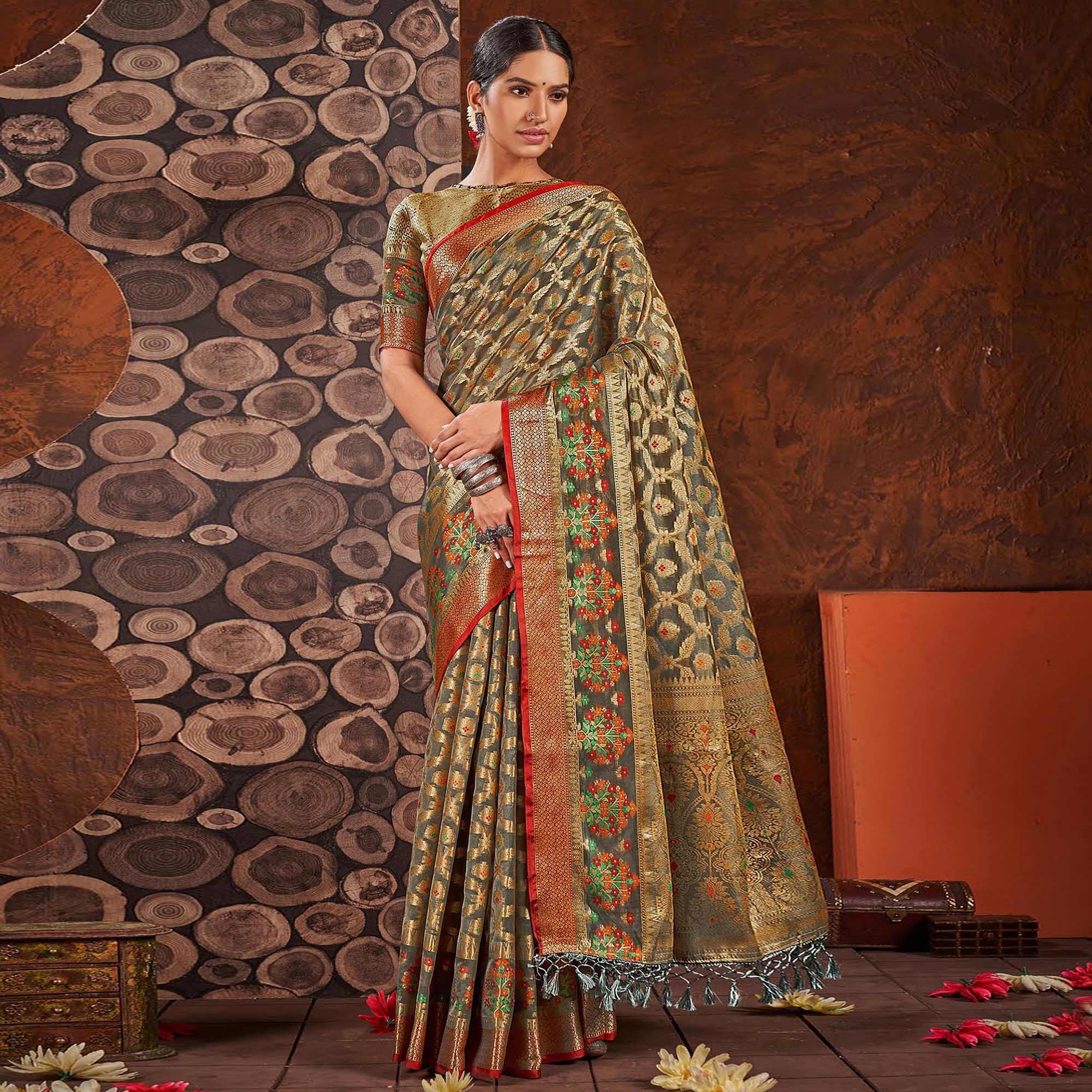 Grey Woven Organza Saree With Tassels - Peachmode