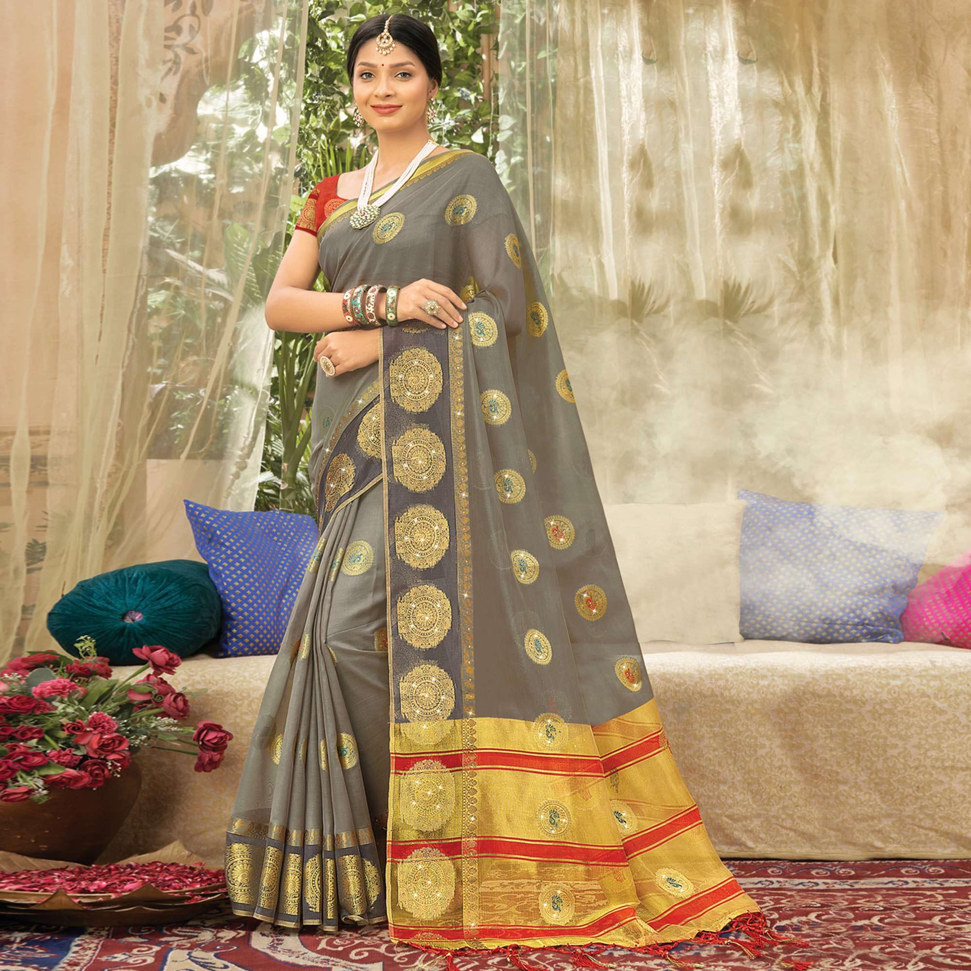 Grey Woven Organza Saree With Tassels - Peachmode