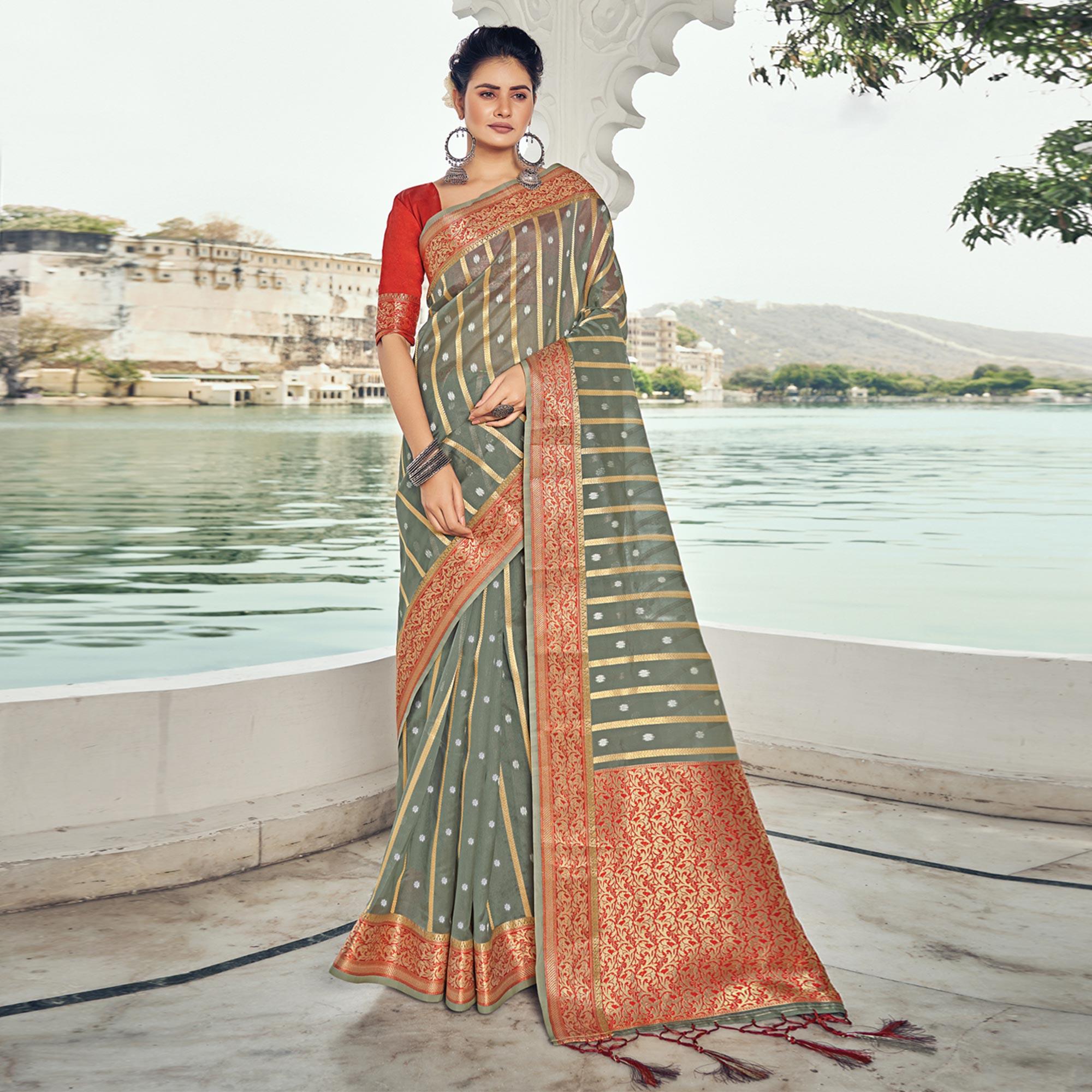 Grey Woven Organza Saree With Tassels - Peachmode