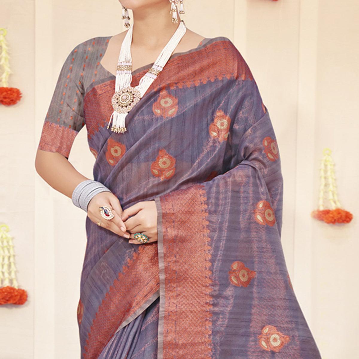 Grey Woven Organza Saree With Tassels - Peachmode