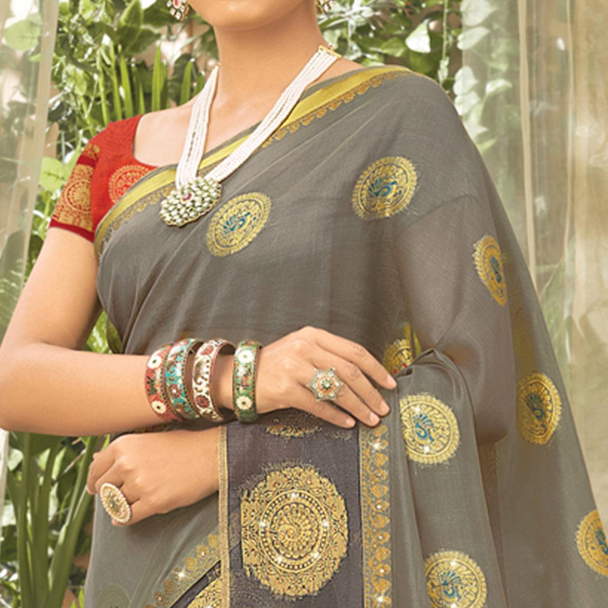 Grey Woven Organza Saree With Tassels - Peachmode