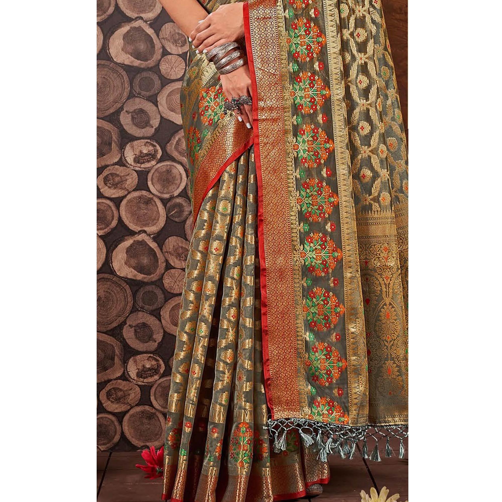 Grey Woven Organza Saree With Tassels - Peachmode