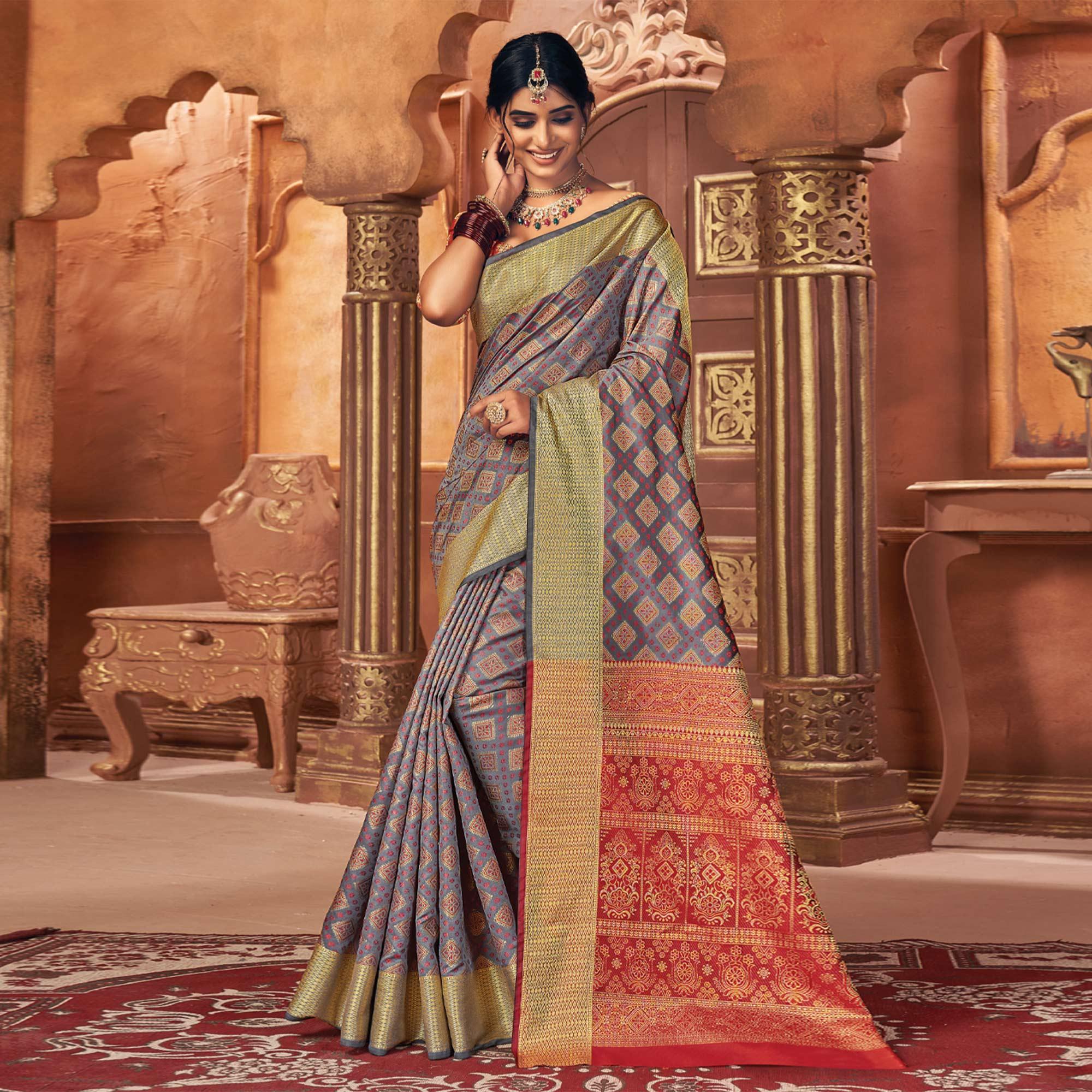 Grey Woven Patola Art Silk Saree - Peachmode