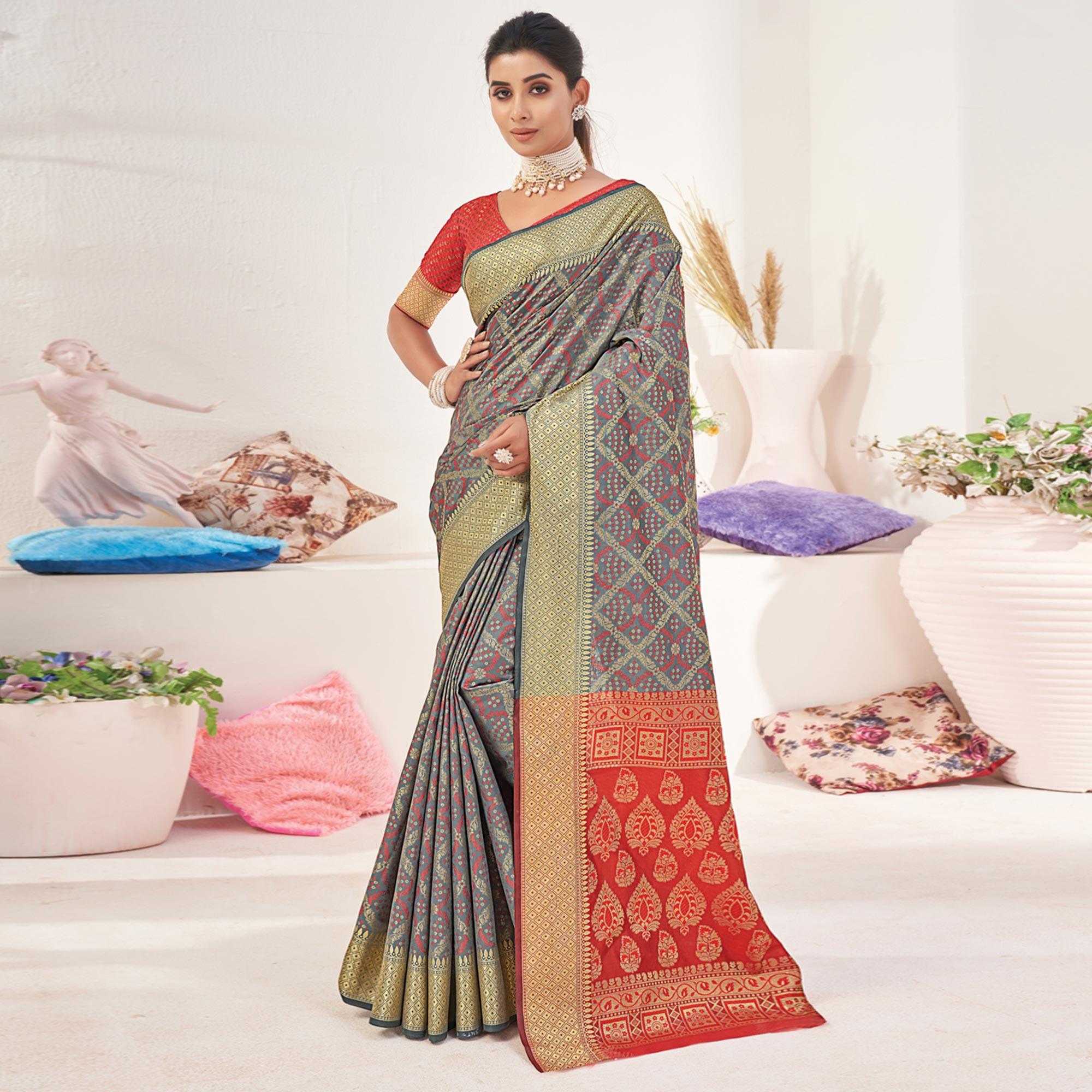 Grey Woven Patola Art Silk Saree - Peachmode