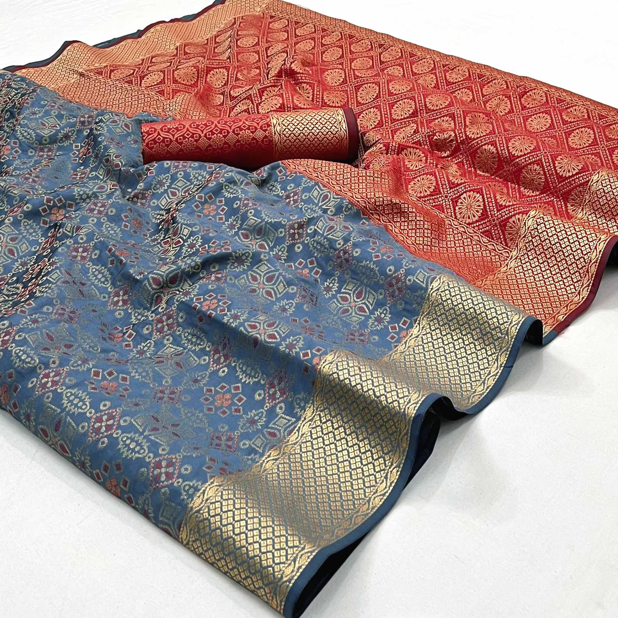 Grey Woven Patola Art Silk Saree - Peachmode