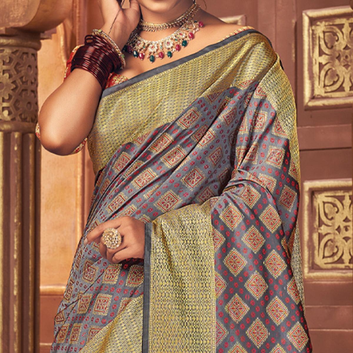 Grey Woven Patola Art Silk Saree - Peachmode