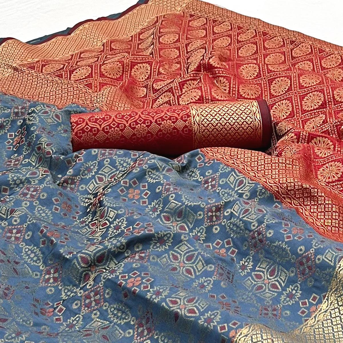 Grey Woven Patola Art Silk Saree - Peachmode