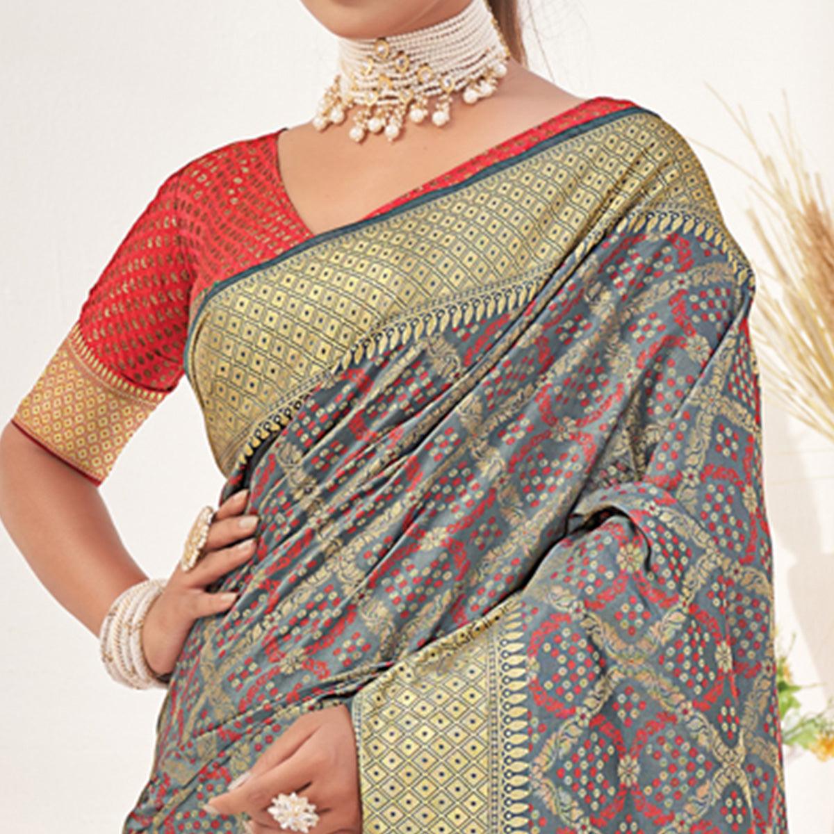 Grey Woven Patola Art Silk Saree - Peachmode