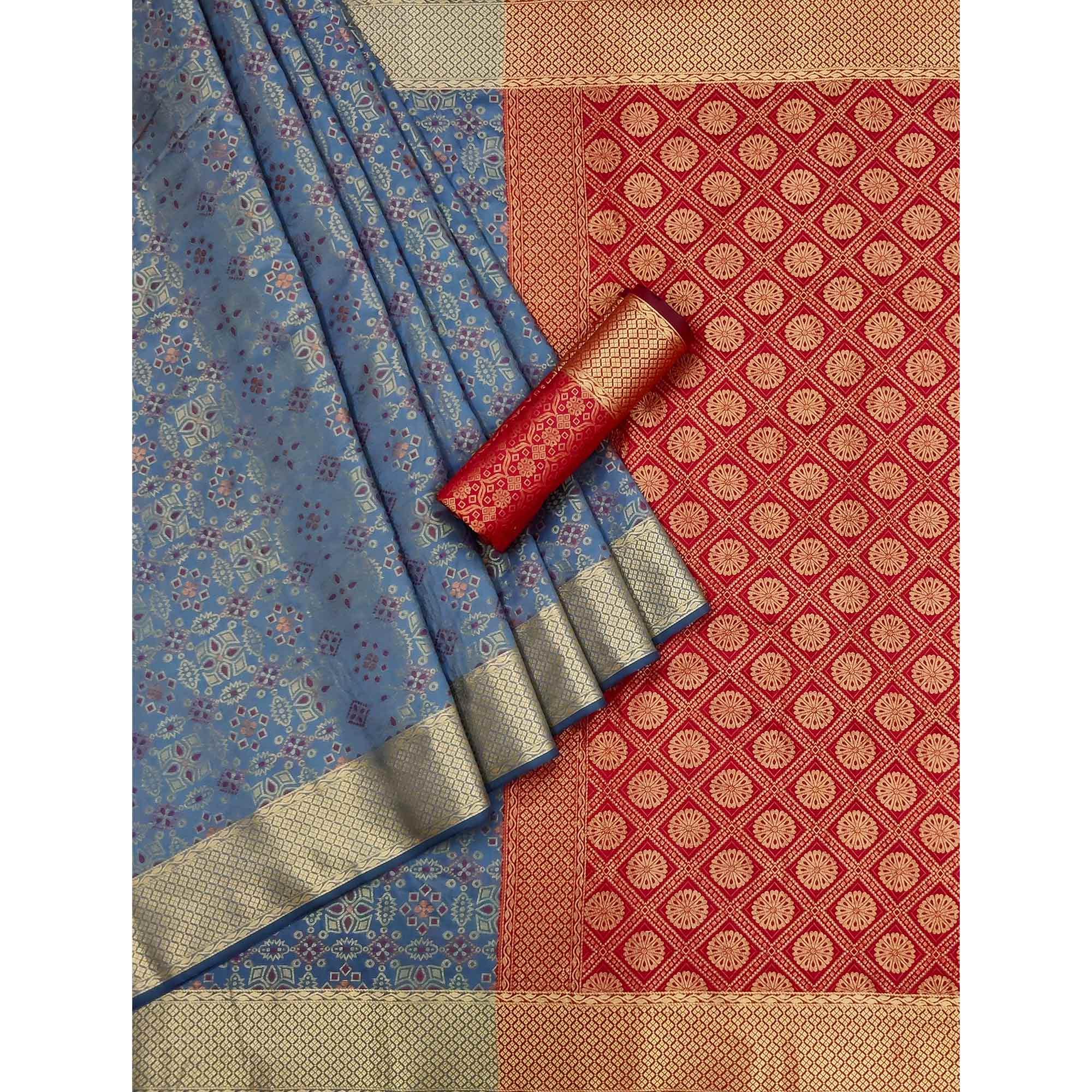 Grey Woven Patola Art Silk Saree - Peachmode