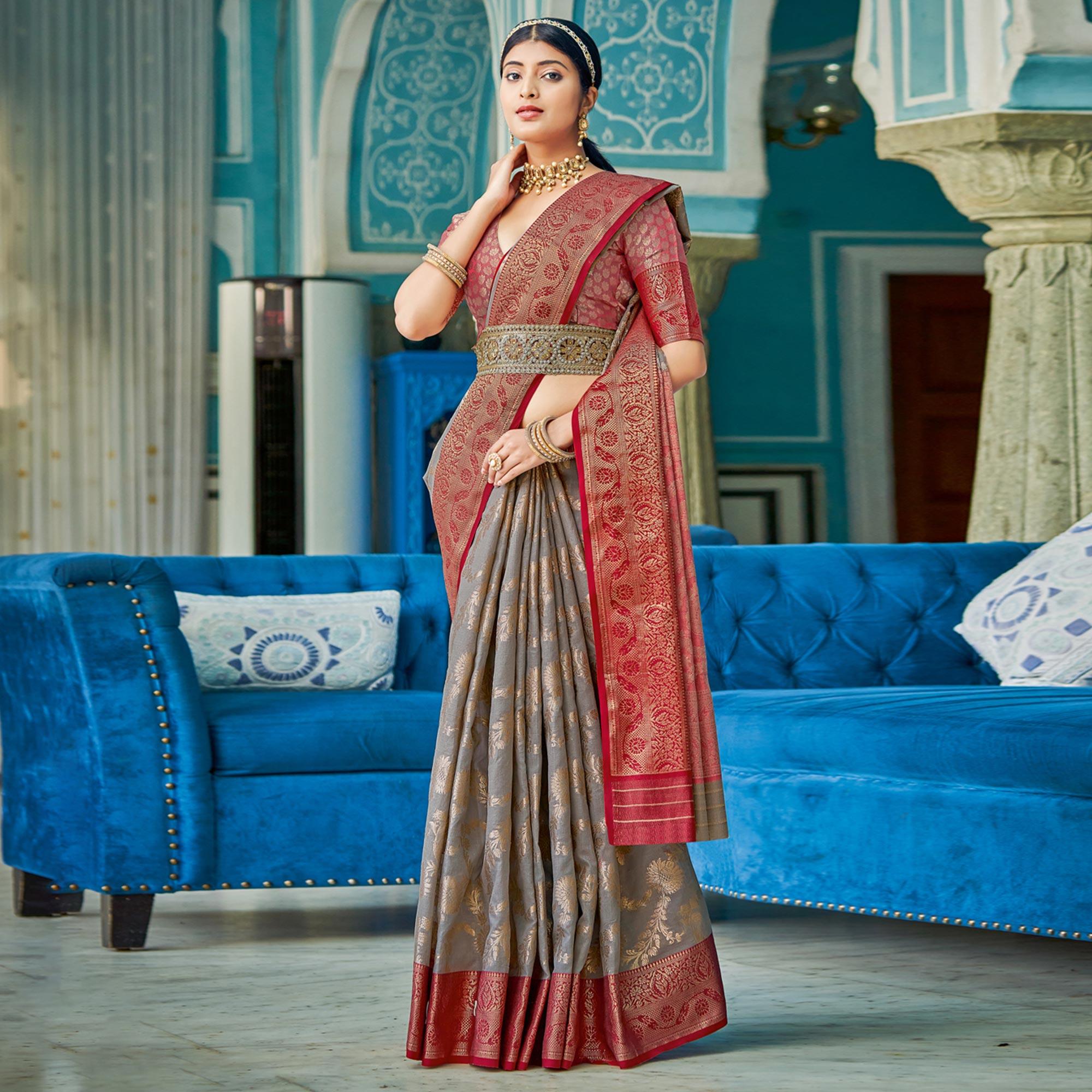 Grey Woven Poly Cotton Saree - Peachmode