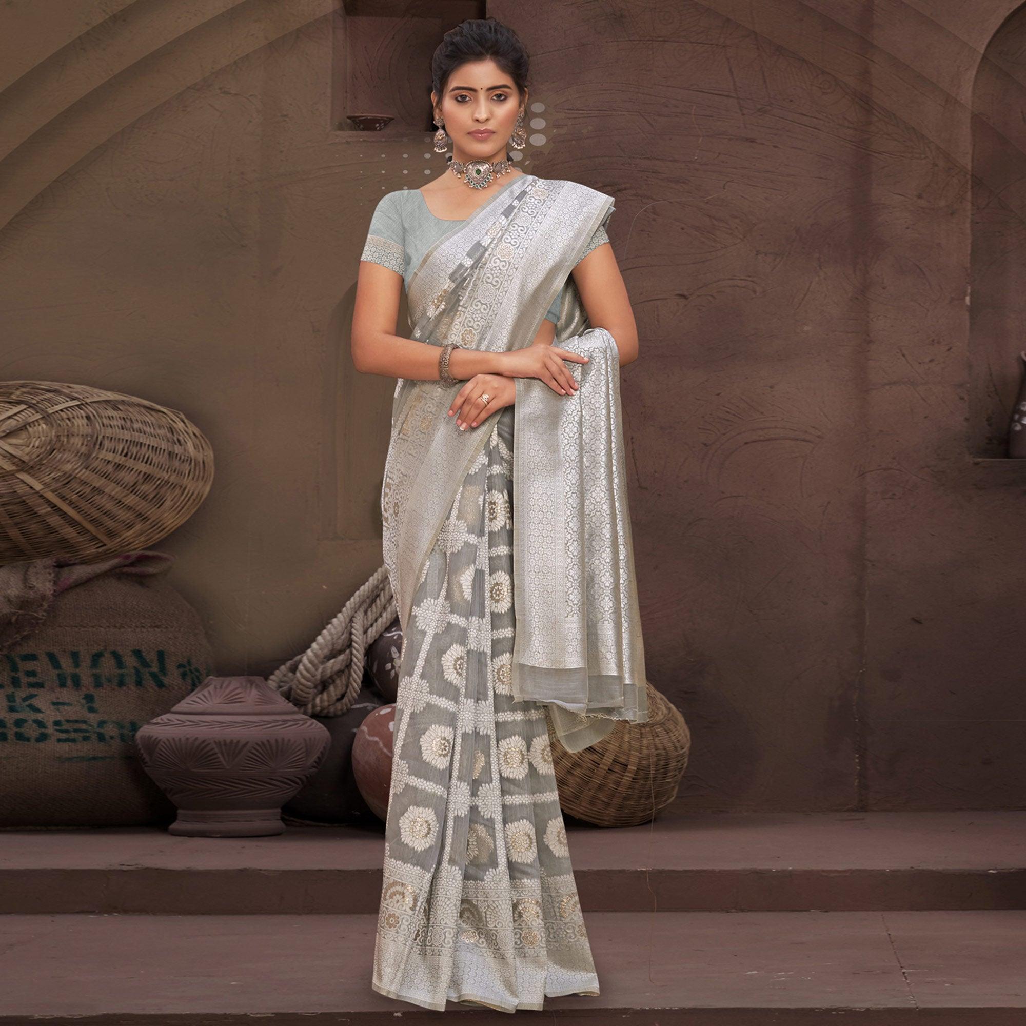Grey Woven Poly Cotton Saree - Peachmode