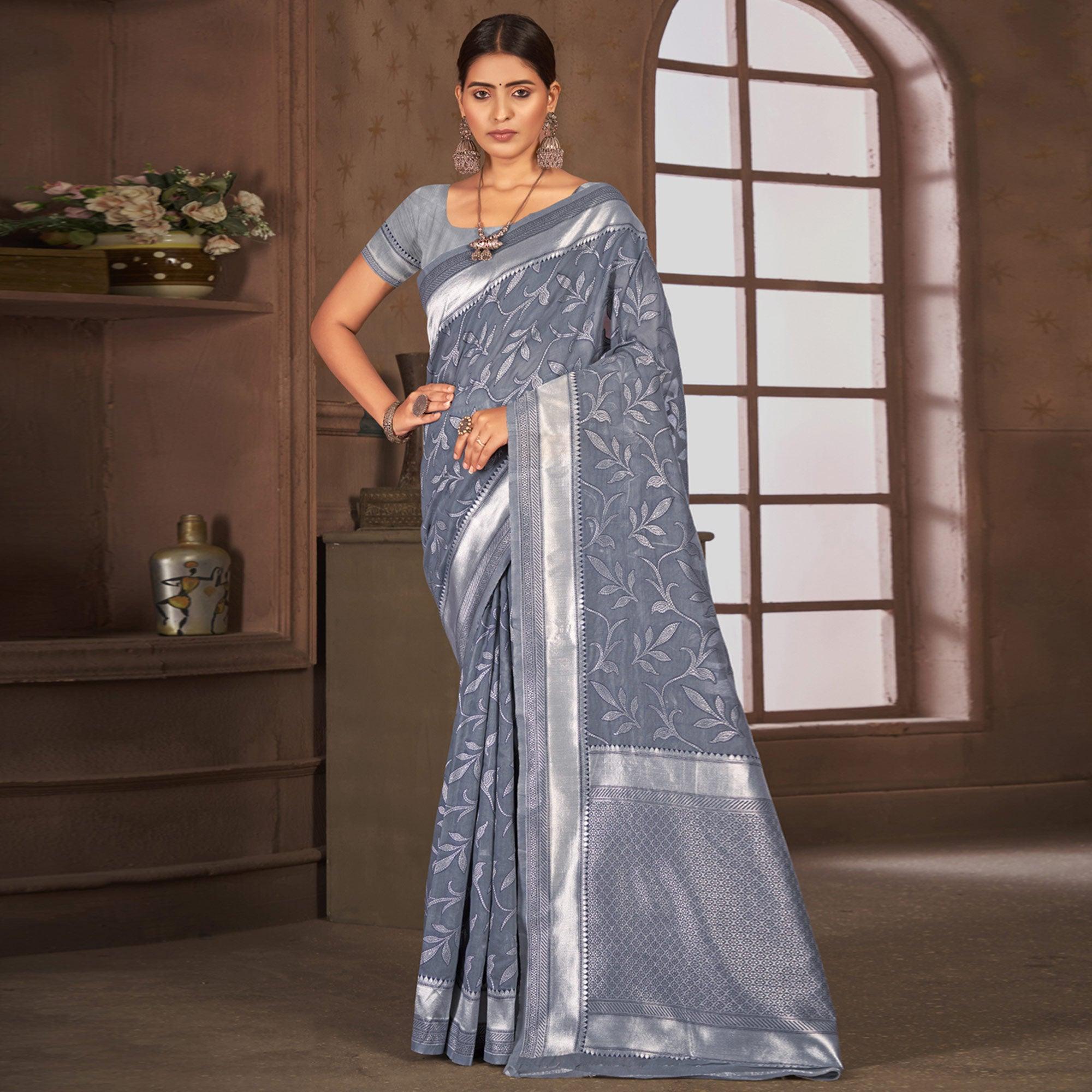 Grey Woven Poly Cotton Saree - Peachmode