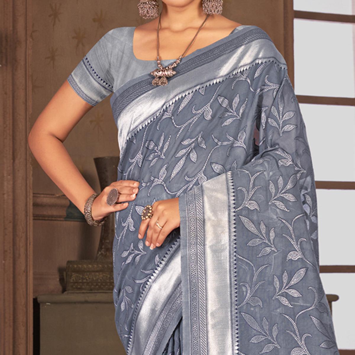 Grey Woven Poly Cotton Saree - Peachmode