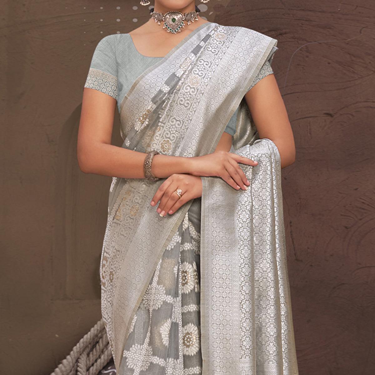 Grey Woven Poly Cotton Saree - Peachmode