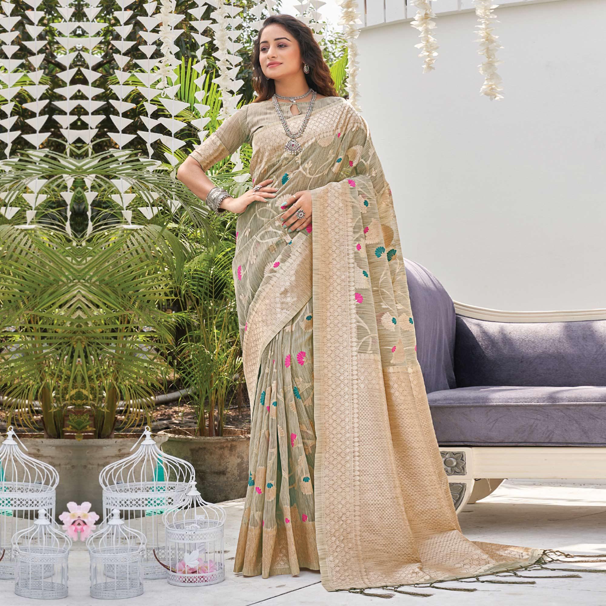 Grey Woven Poly Cotton Saree With Tassels - Peachmode