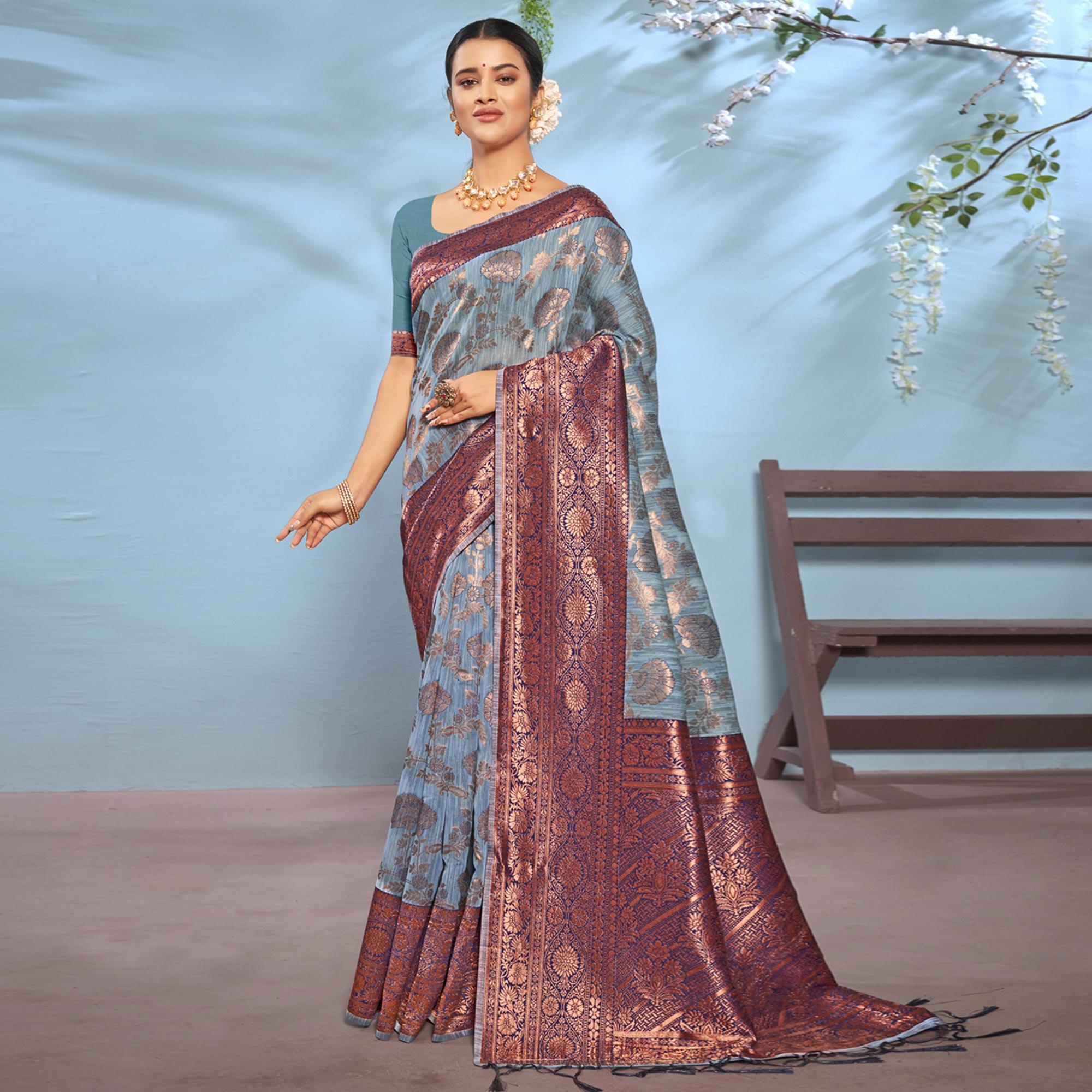 Grey Woven Poly Cotton Saree With Tassels - Peachmode