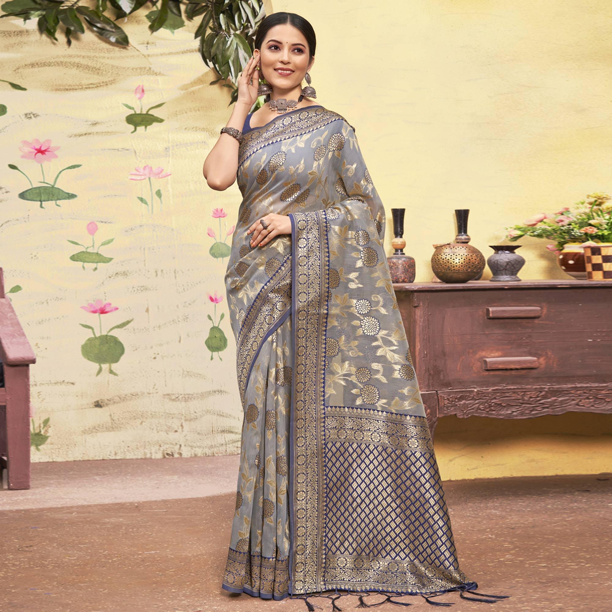 Grey Woven Poly Cotton Saree With Tassels - Peachmode
