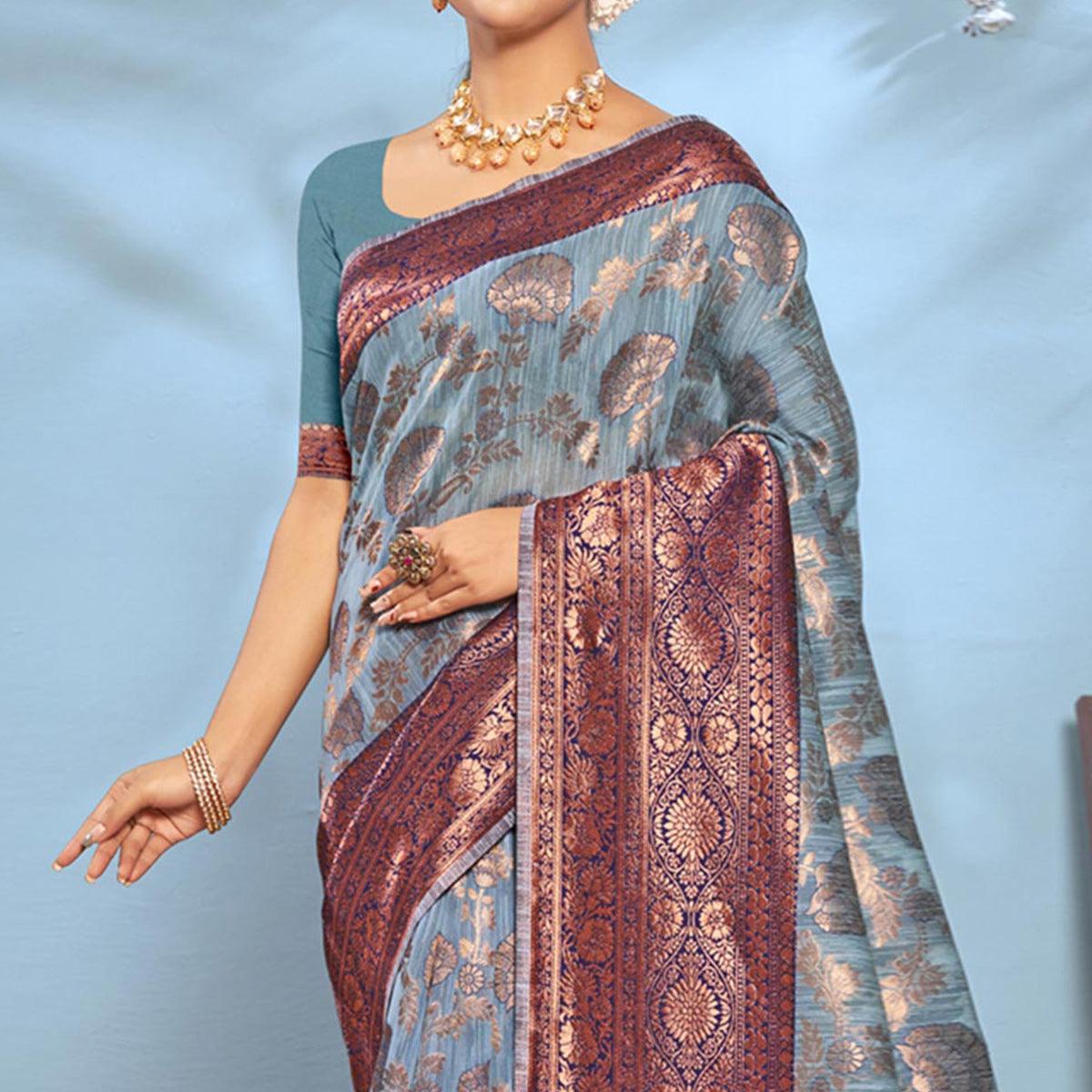 Grey Woven Poly Cotton Saree With Tassels - Peachmode