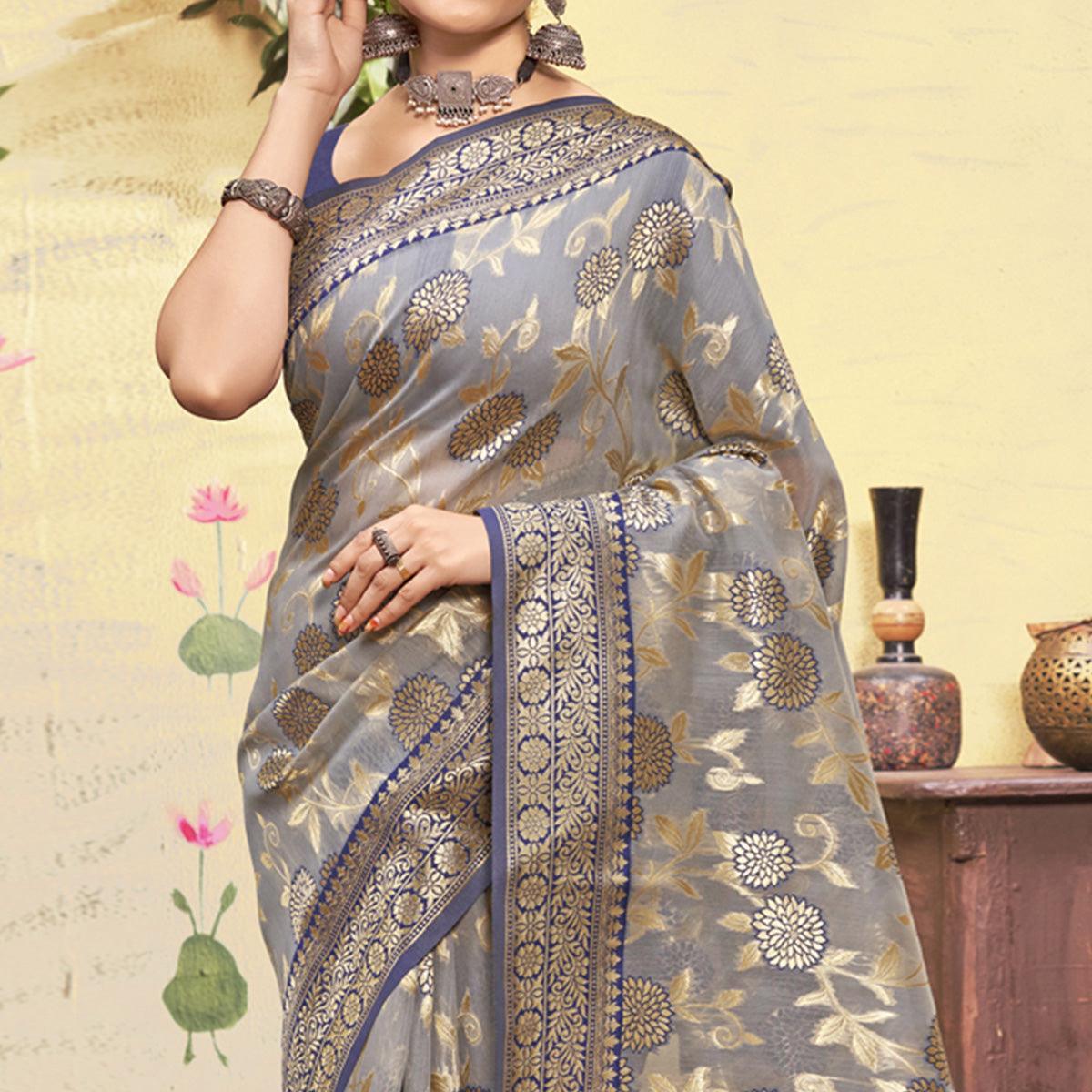 Grey Woven Poly Cotton Saree With Tassels - Peachmode