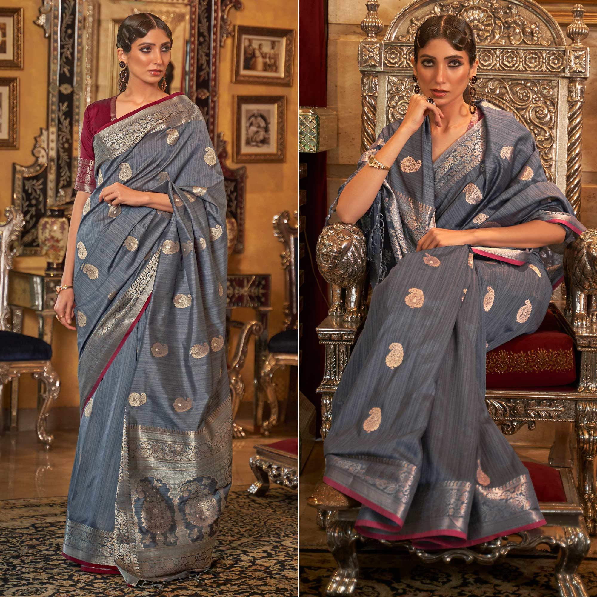 Grey Woven Pure Silk Saree - Peachmode