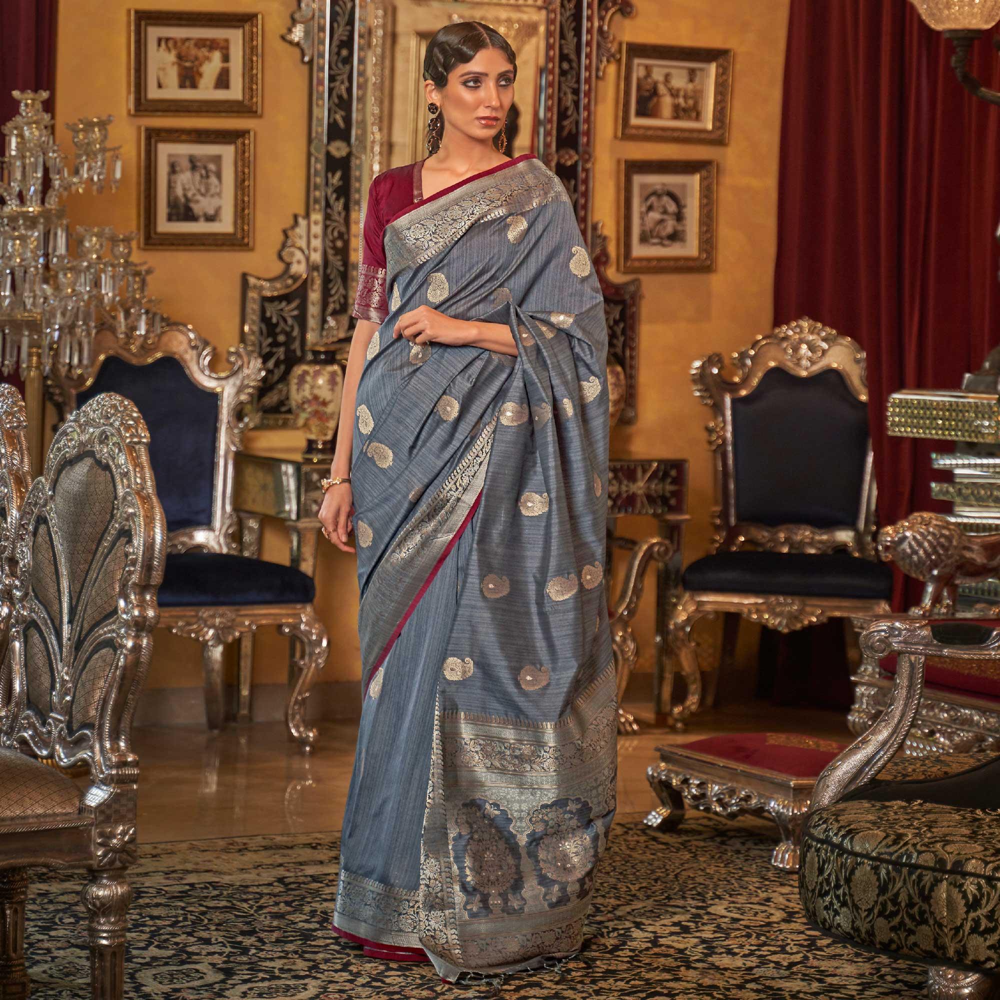 Grey Woven Pure Silk Saree - Peachmode