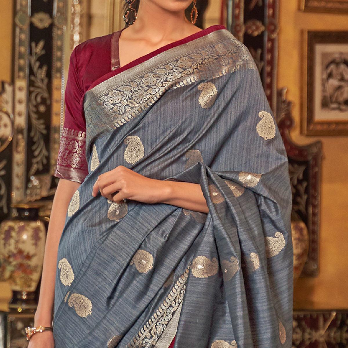 Grey Woven Pure Silk Saree - Peachmode