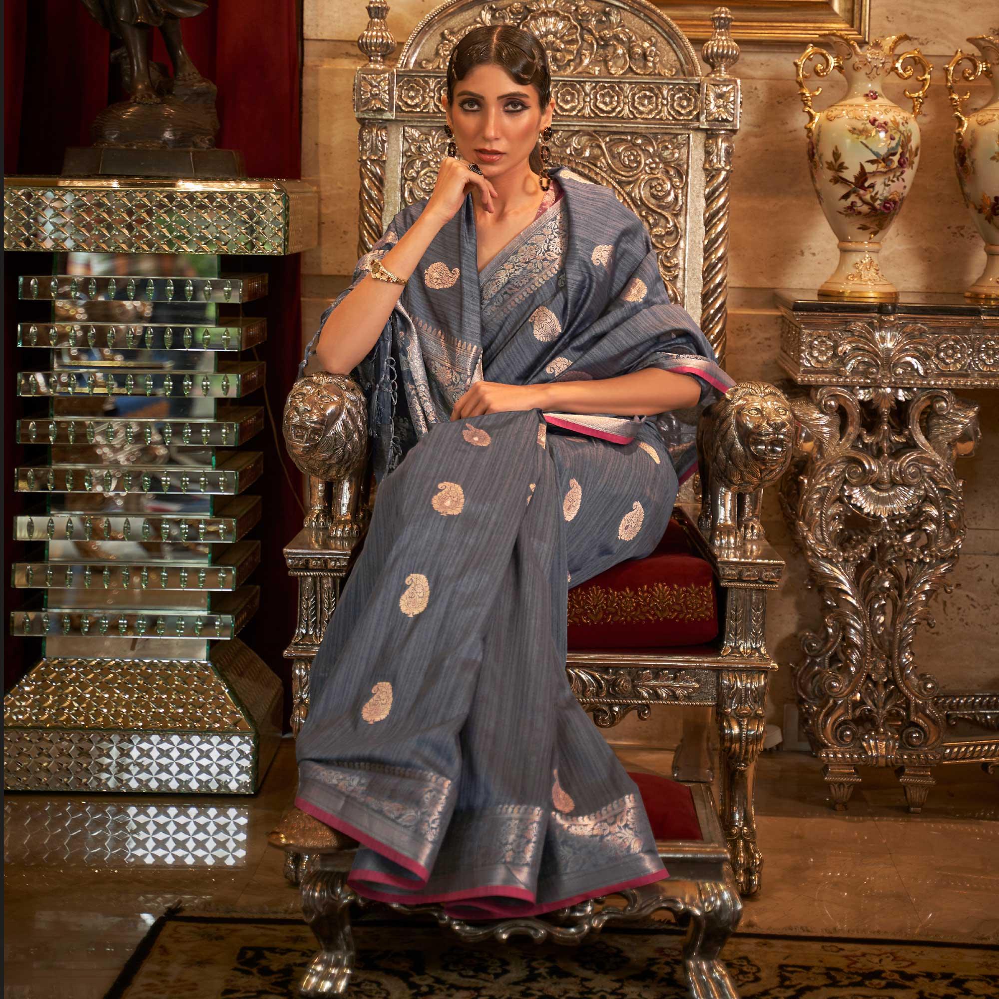 Grey Woven Pure Silk Saree - Peachmode