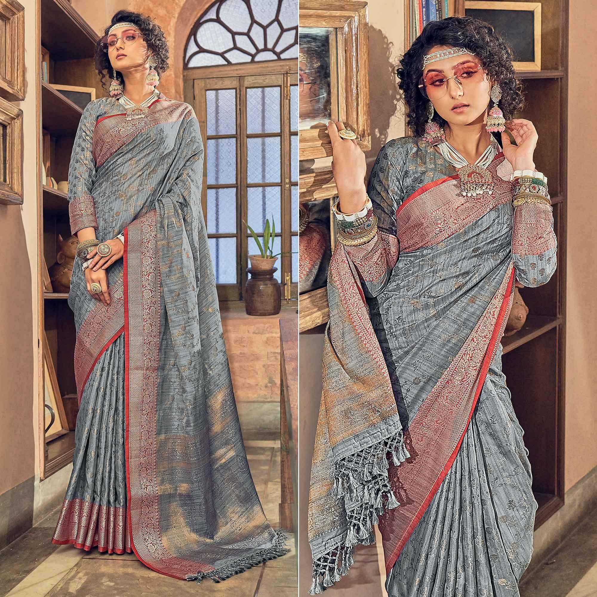 Grey Woven Pure Silk Saree With Tassels - Peachmode