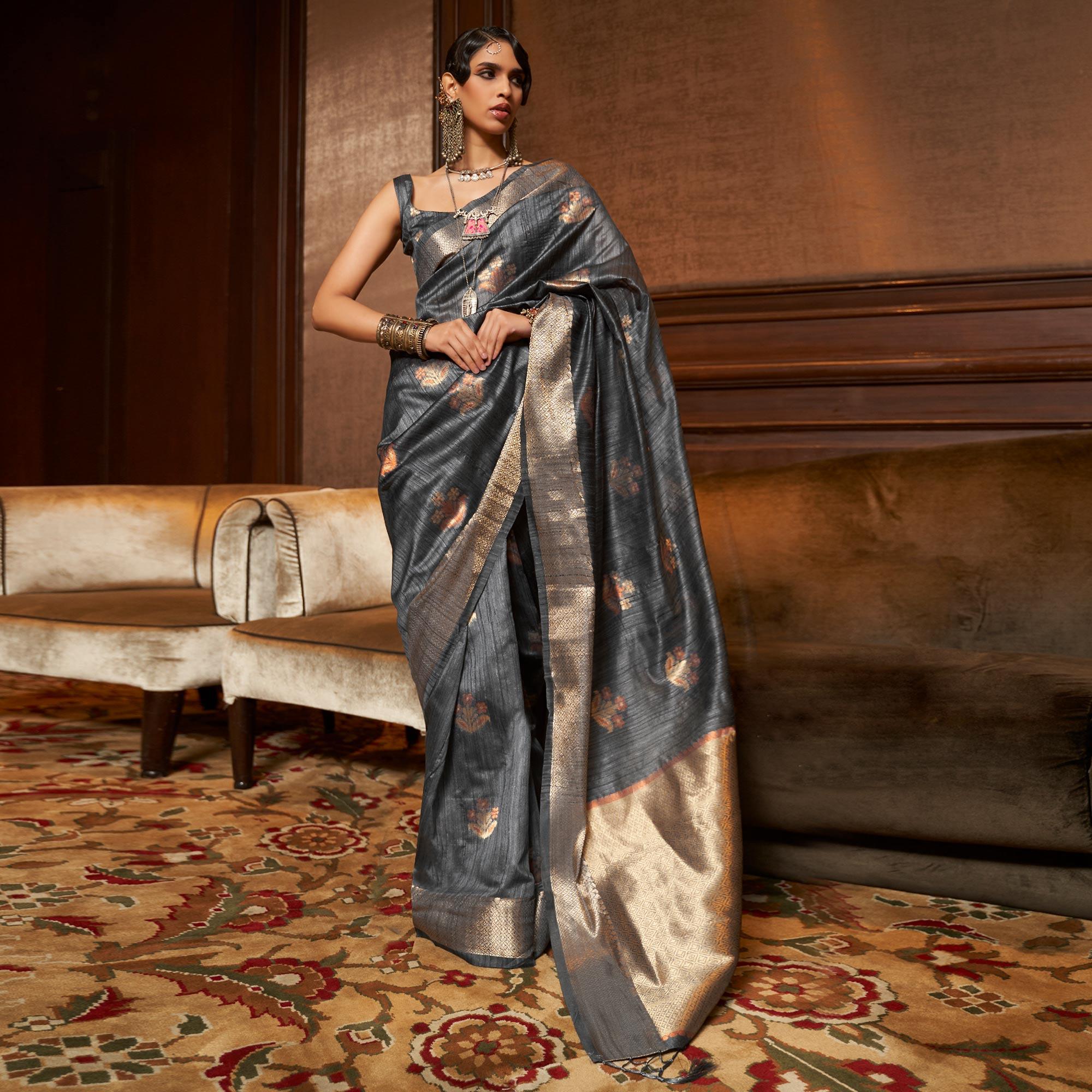 Grey Woven Pure Silk Saree With Tassels - Peachmode