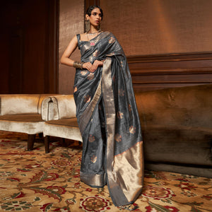 Grey Woven Pure Silk Saree With Tassels - Peachmode