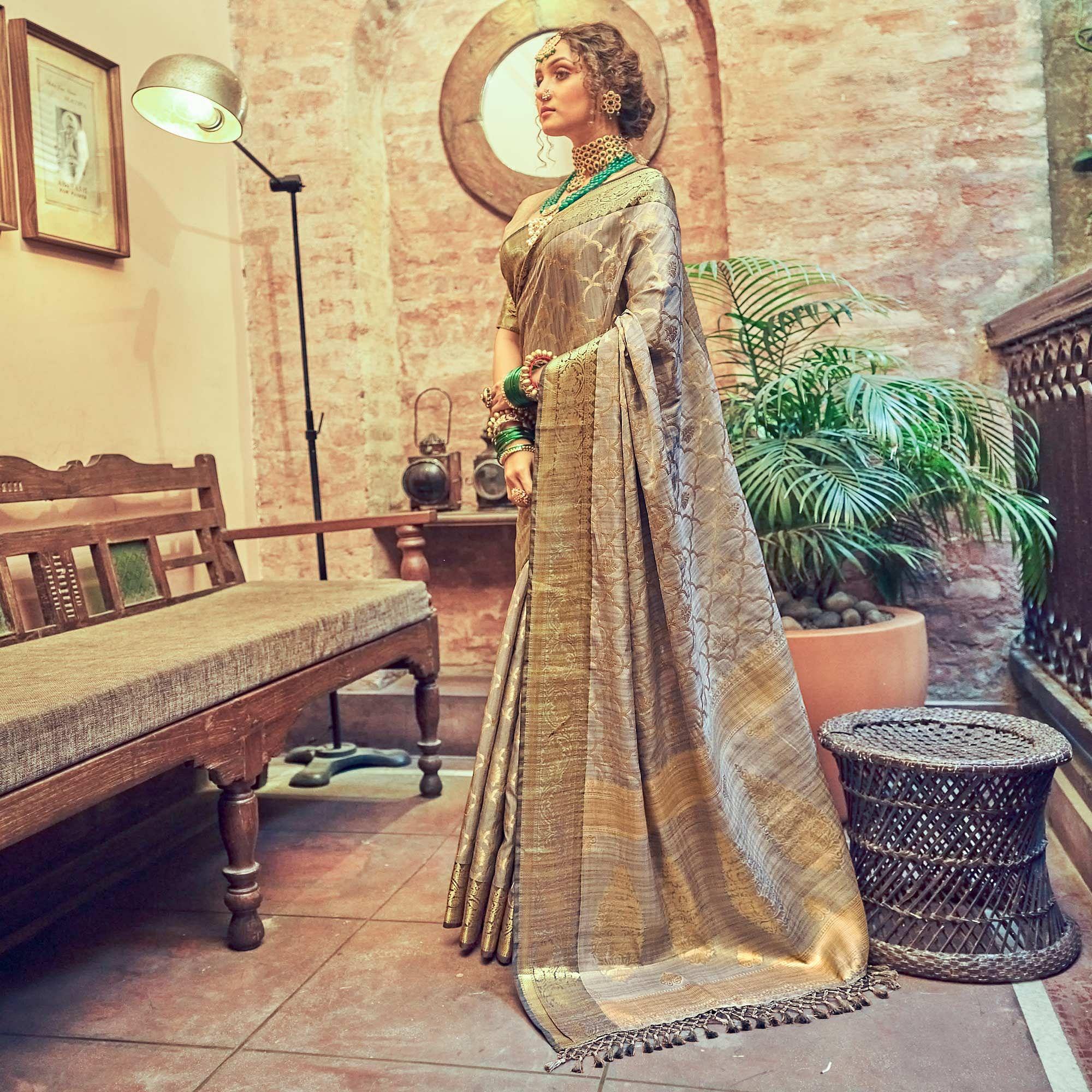 Grey Woven Pure Silk Saree With Tassels - Peachmode