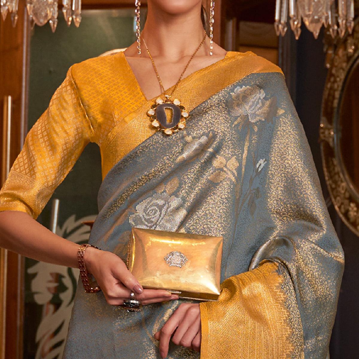 Grey Woven Pure Silk Saree With Tassels - Peachmode
