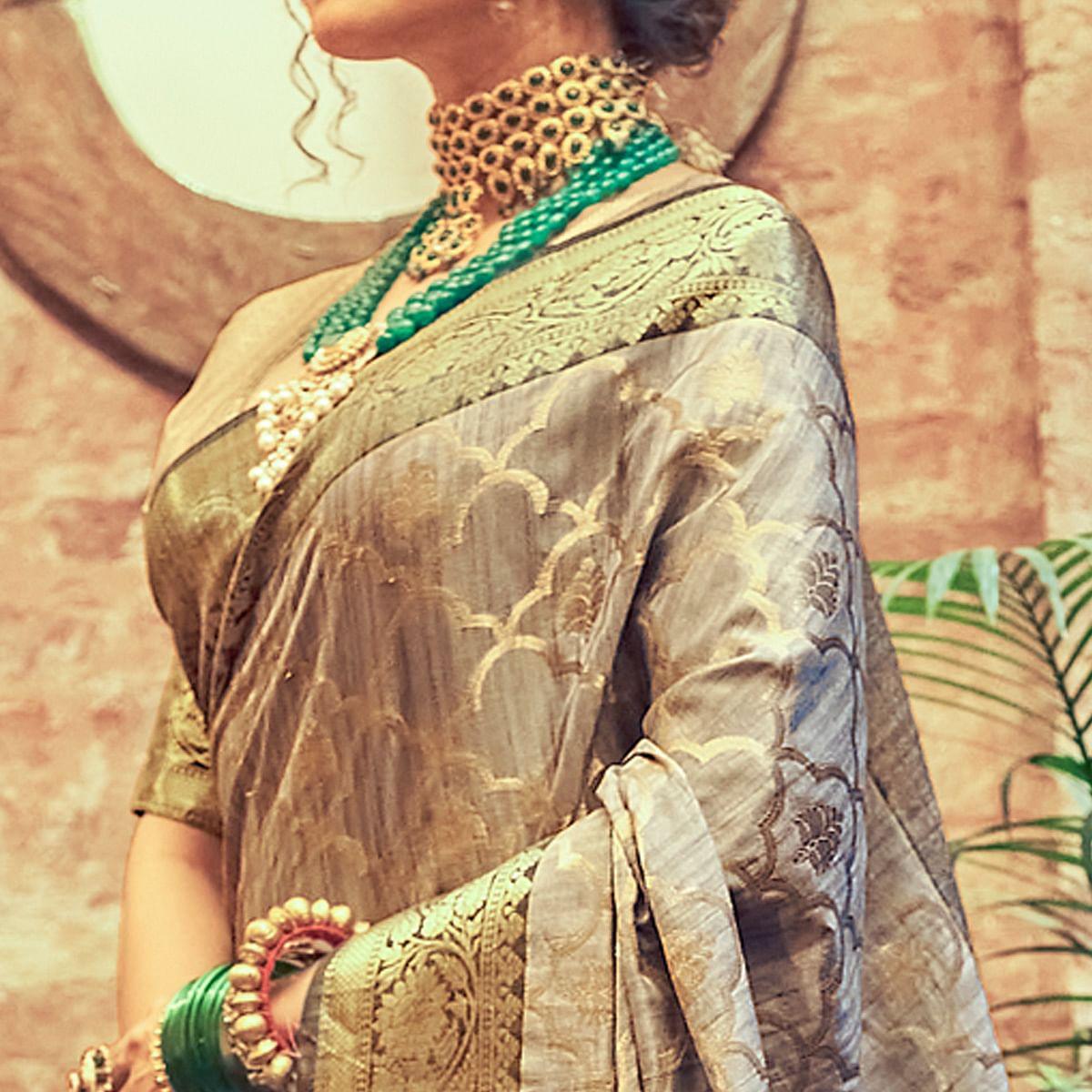 Grey Woven Pure Silk Saree With Tassels - Peachmode