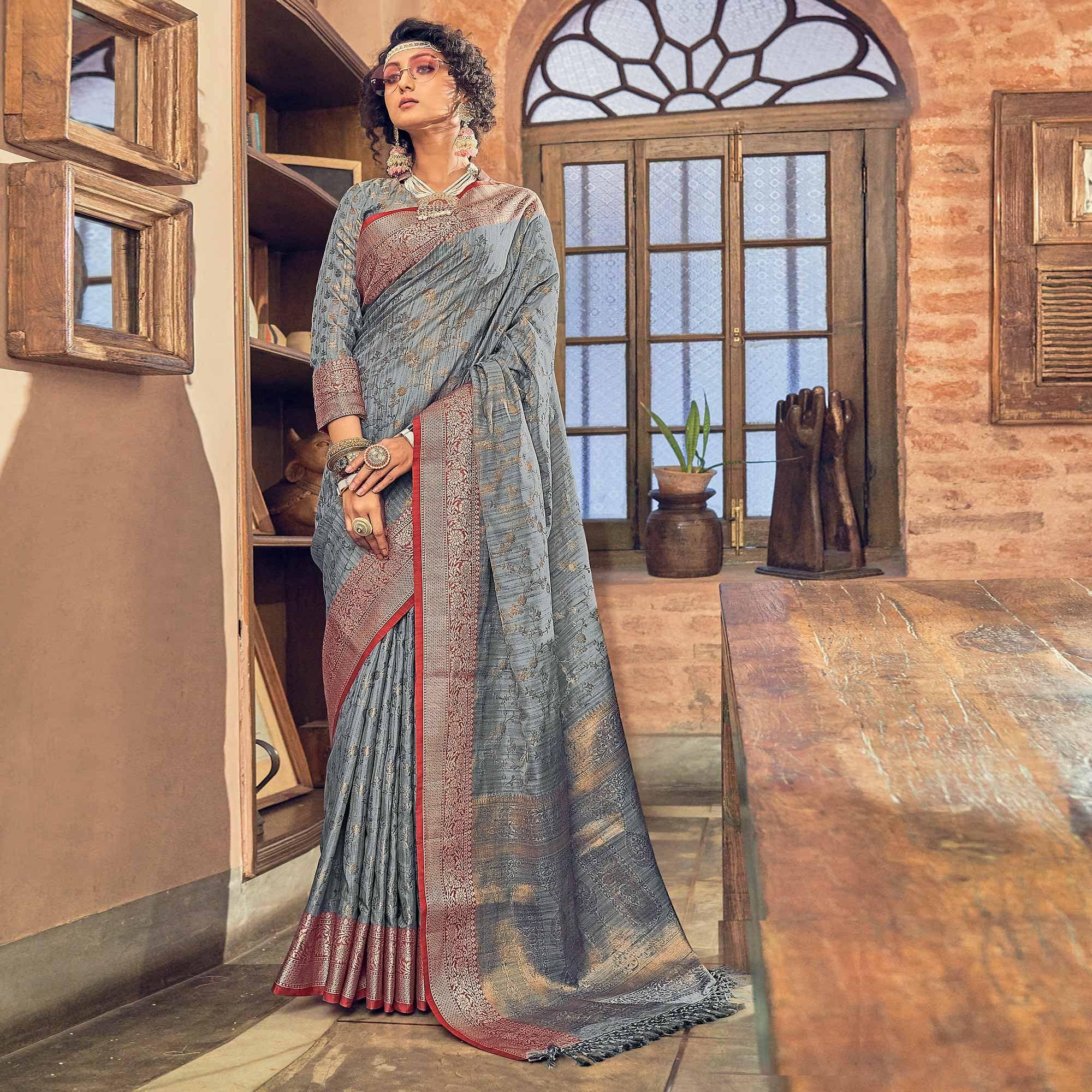 Grey Woven Pure Silk Saree With Tassels - Peachmode