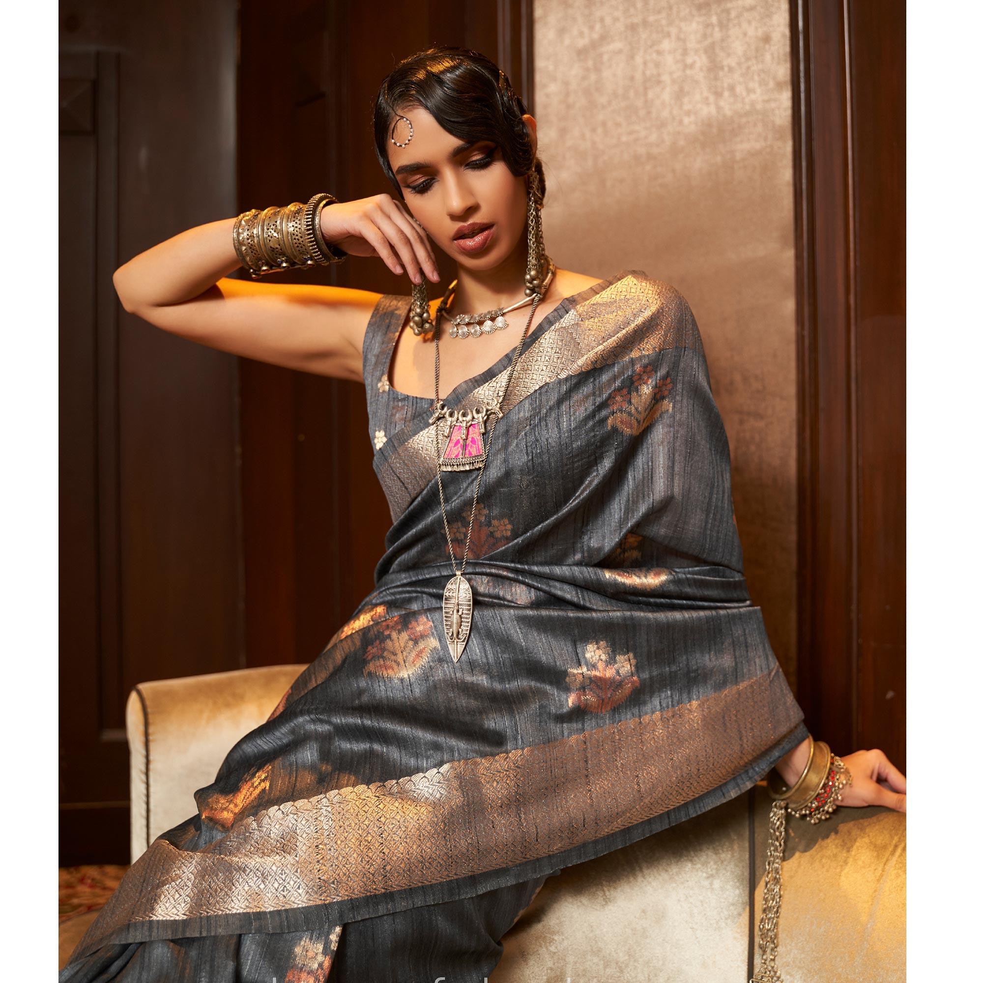 Grey Woven Pure Silk Saree With Tassels - Peachmode
