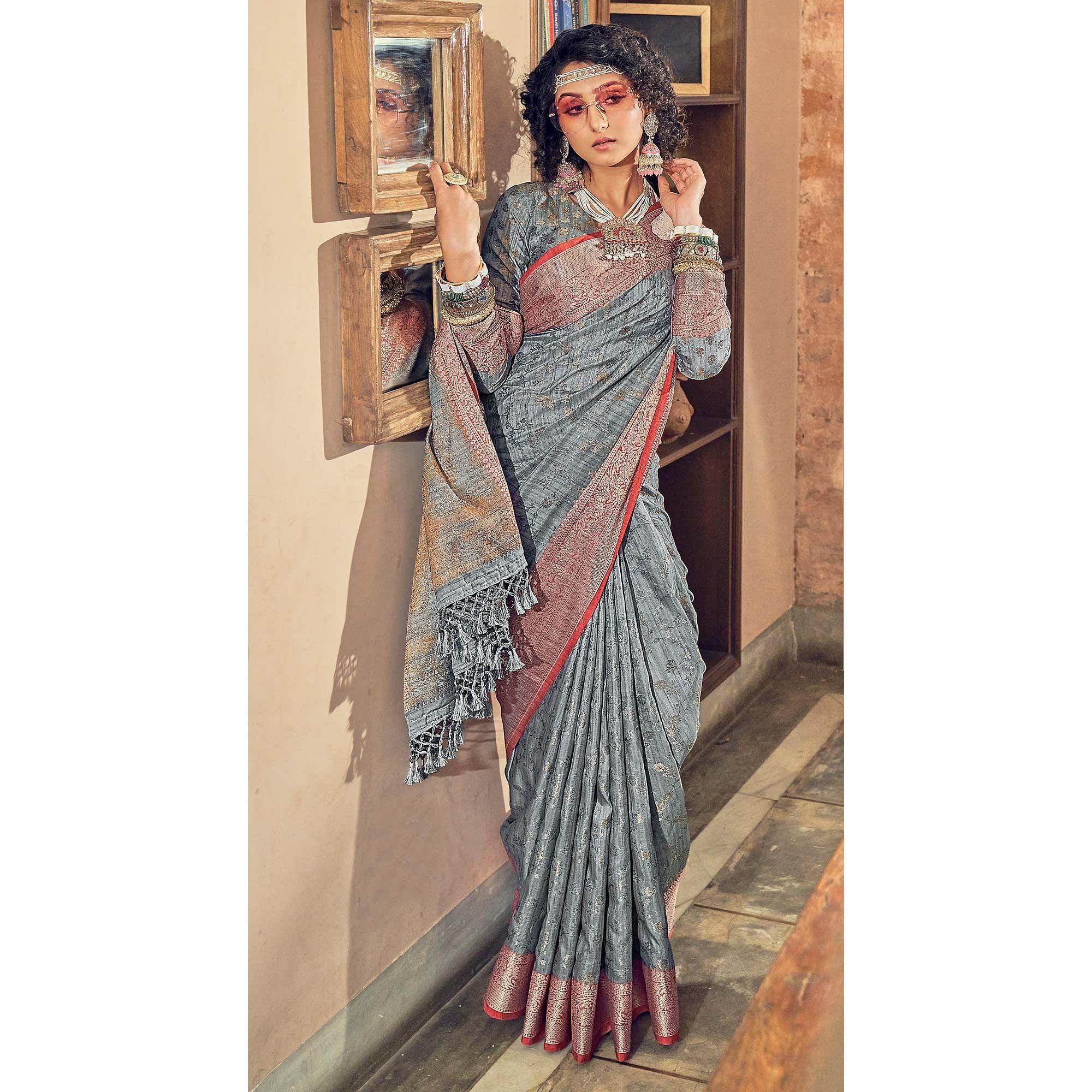 Grey Woven Pure Silk Saree With Tassels - Peachmode