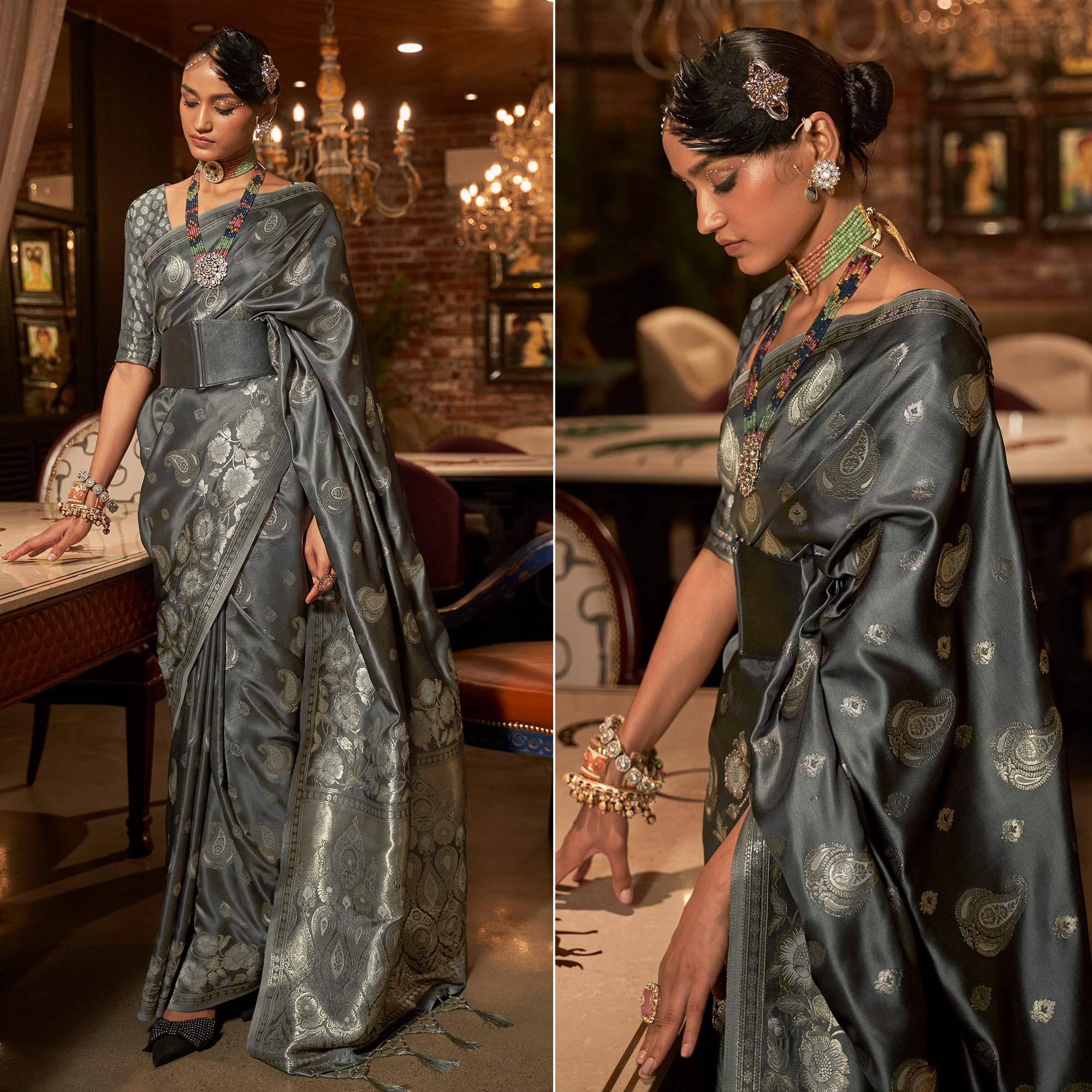 Grey Woven Satin Saree With Tassels - Peachmode