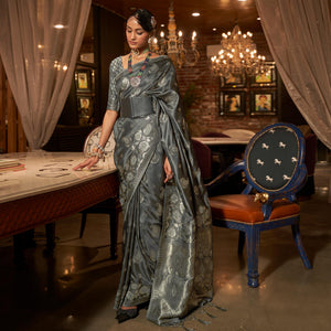 Grey Woven Satin Saree With Tassels - Peachmode